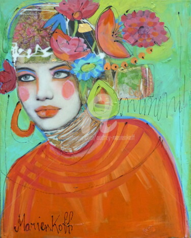 Painting titled "Portrait femme bohè…" by Audrey Marienkoff, Original Artwork, Acrylic Mounted on Wood Stretcher frame