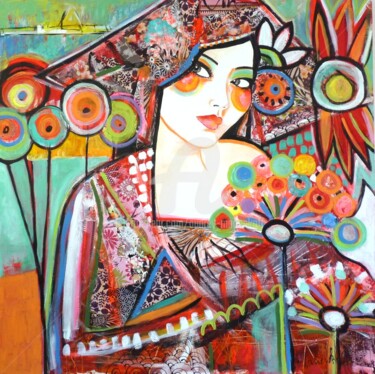 Peinture intitulée "Femme au jardin Jap…" par Audrey Marienkoff, Œuvre d'art originale, Acrylique Monté sur Châssis en bois