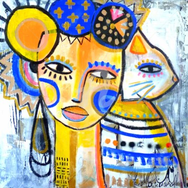 Картина под названием "La femme au chat" - Audrey Marienkoff, Подлинное произведение искусства, Акрил Установлен на Деревянн…
