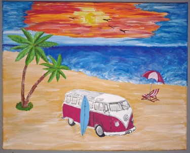 Le surf en volkswagen Peinture intitulée "Le surf en volkswag…" par Audrey Matignon, Œuvre d'art originale, Gouache
