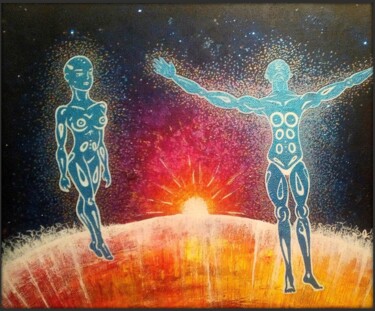 Painting titled "Paysans du Cosmos" by Audrey Moujeard, Original Artwork, Acrylic Mounted on Wood Stretcher frame