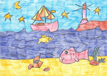 Dessin intitulée "le bateau au milieu…" par Audrey Segura, Œuvre d'art originale, Crayon