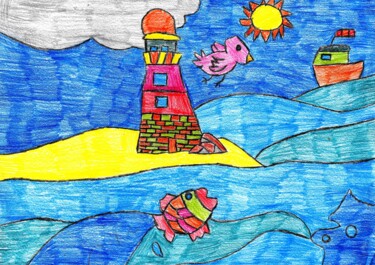 Dessin intitulée "le phare au milieu…" par Audrey Segura, Œuvre d'art originale, Crayon