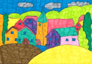 Drawing titled "le village montagna…" by Audrey Segura, Original Artwork, Pencil