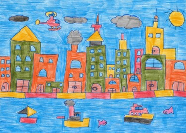 Dessin intitulée "la mer et ses maiso…" par Audrey Segura, Œuvre d'art originale, Crayon