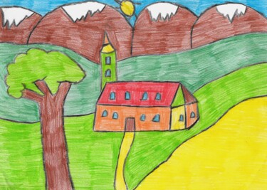 Dessin intitulée "l'église au milieu…" par Audrey Segura, Œuvre d'art originale, Crayon