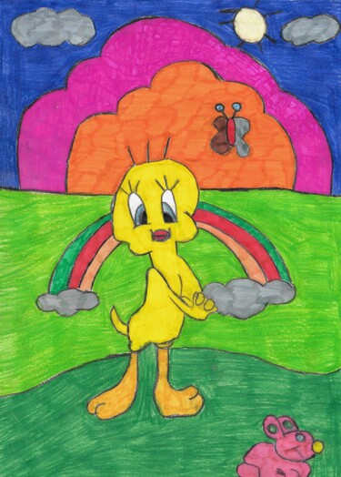 Drawing titled "titi le canari" by Audrey Segura, Original Artwork, Pencil