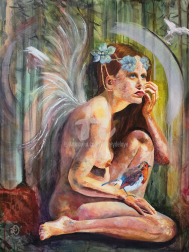 Painting titled "Forest Fairy" by Audrey Delaye, Original Artwork, Oil Mounted on artwork_cat.