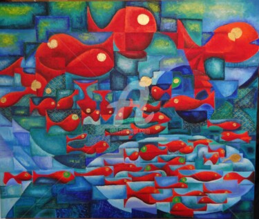 Peinture intitulée "banc de poissons ro…" par Audrey Ressejac-Duparc, Œuvre d'art originale, Huile