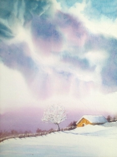 Painting titled "Orage hivernal" by Marion Auger, Original Artwork, Watercolor