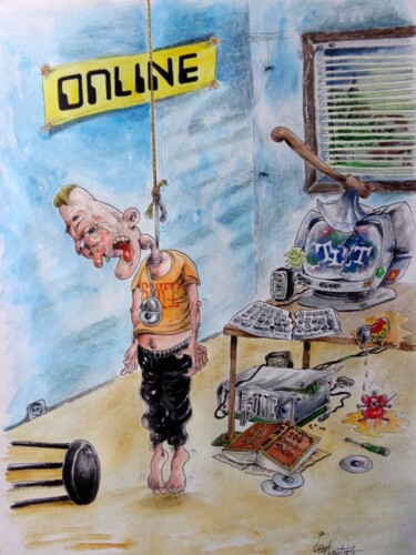 Painting titled "Online" by August Di Lena, Original Artwork, Watercolor Mounted on Cardboard