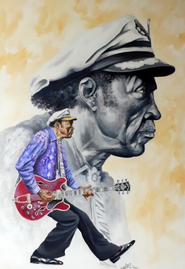 Painting titled "Chuck Berry" by August Di Lena, Original Artwork, Acrylic Mounted on Wood Stretcher frame