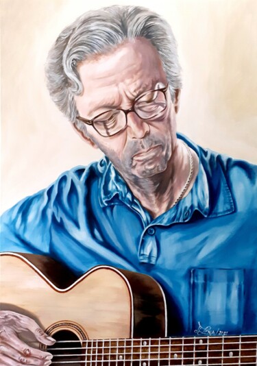 Painting titled "Eric Clapton" by August Di Lena, Original Artwork, Acrylic Mounted on Wood Stretcher frame