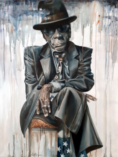 Painting titled "John Lee Hooker" by August Di Lena, Original Artwork, Acrylic Mounted on Wood Stretcher frame
