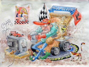 Painting titled "Formel 1 Fan" by August Di Lena, Original Artwork, Watercolor Mounted on Cardboard