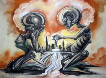 Рисунок под названием "Die Spieler / The p…" - August Di Lena, Подлинное произведение искусства, Древесный уголь Установлен…
