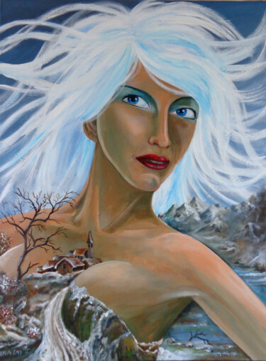 Schilderij getiteld "Blue Ice" door August Di Lena, Origineel Kunstwerk, Conté Gemonteerd op Karton