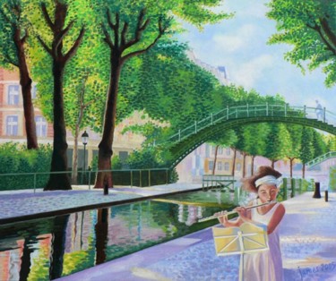 Painting titled "Paris, le canal Sai…" by James Augustin, Original Artwork, Oil