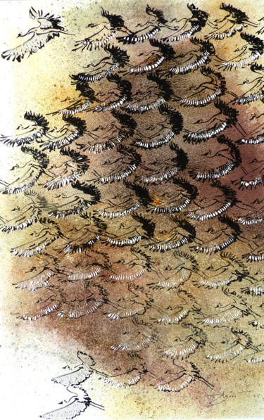 Peinture intitulée "Vol de grues couron…" par Agnès Grégis (Au pinceau dansant), Œuvre d'art originale, Aquarelle