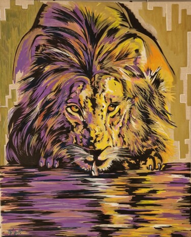 Painting titled "Lion au regard auri…" by Aurel, Original Artwork, Acrylic Mounted on Wood Stretcher frame
