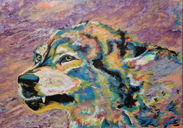 Painting titled "Loup" by Aurel, Original Artwork, Acrylic Mounted on Wood Stretcher frame