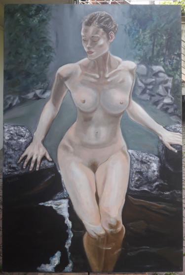 Painting titled "Il bagno" by Aureliano Lanzoni, Original Artwork, Oil