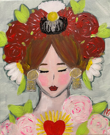 Peinture intitulée "Fille et fleurs, co…" par Aurelie Assemat, Œuvre d'art originale, Acrylique Monté sur Châssis en bois