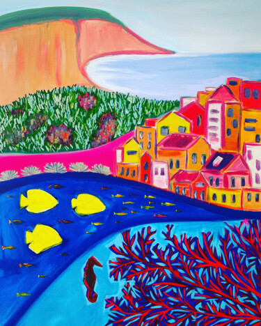 Painting titled "Les collines, corail" by Aurelie Assemat, Original Artwork, Acrylic Mounted on Wood Stretcher frame