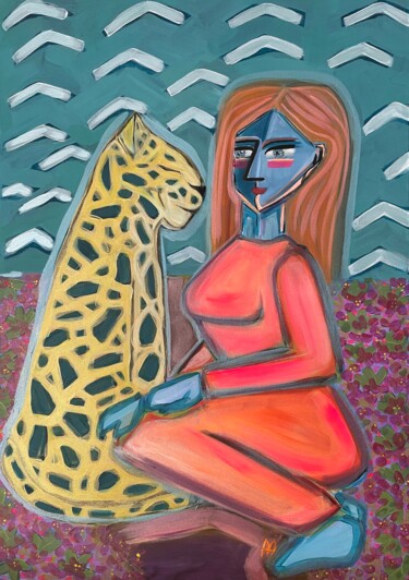 Painting titled "Le léopard" by Aurelie Assemat, Original Artwork, Acrylic Mounted on Wood Stretcher frame