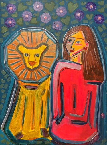Painting titled "Le lion" by Aurelie Assemat, Original Artwork, Acrylic Mounted on Wood Stretcher frame