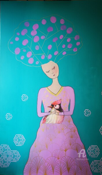 Peinture intitulée "La Femme à l'oiseau" par Azare, Œuvre d'art originale, Acrylique Monté sur Châssis en bois