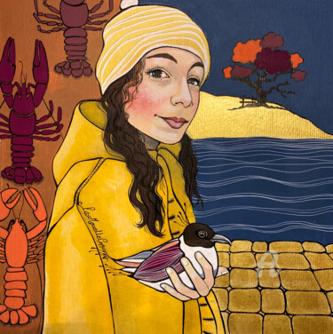 Malerei mit dem Titel "ciré jaune et homar…" von Aurelie Chauvin, Original-Kunstwerk, Acryl Auf Keilrahmen aus Holz montiert