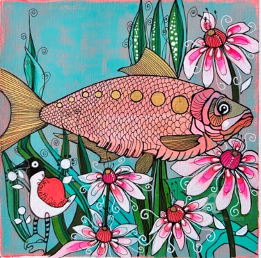 Painting titled "Poisson fleurs" by Aurelie Chauvin, Original Artwork, Acrylic