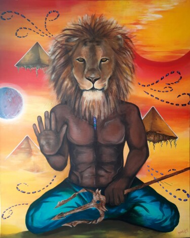 Painting titled "Lion" by Aurelie Giraud, Original Artwork, Acrylic Mounted on Wood Stretcher frame