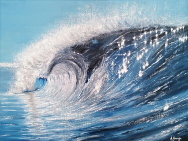 Painting titled "Shiny wave" by Aurélie Goarzin, Original Artwork, Oil Mounted on Wood Stretcher frame