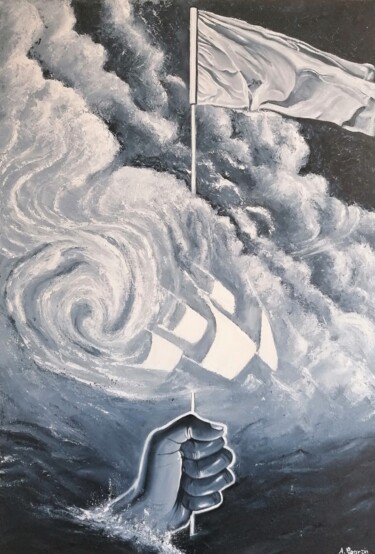 Painting titled "White flag" by Aurélie Goarzin, Original Artwork, Oil