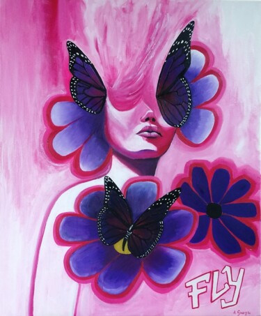 Pintura titulada "La fille aux papill…" por Aurélie Goarzin, Obra de arte original, Oleo Montado en Bastidor de camilla de m…