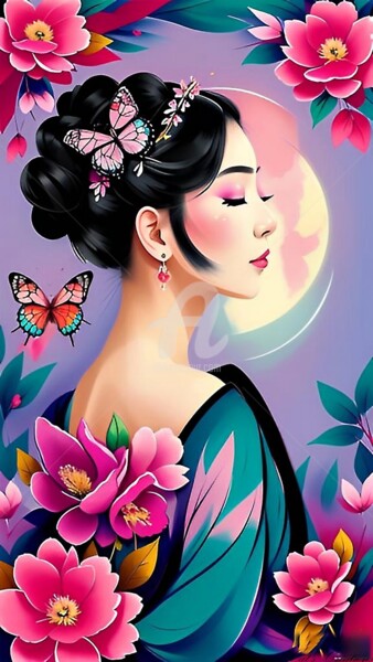 Artes digitais intitulada "Femme asiatique ent…" por Aurélie Lebeau El Rhazal (Cat's), Obras de arte originais, Pintura digi…