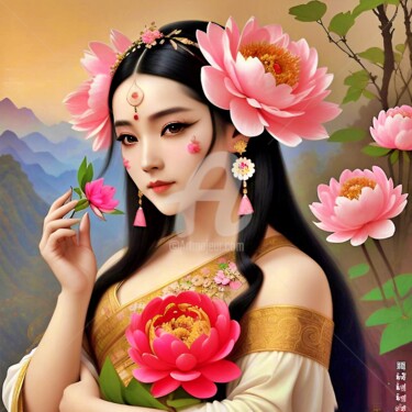 Digital Arts titled "Portrait femme asia…" by Aurélie Lebeau El Rhazal (Cat's), Original Artwork, AI generated image