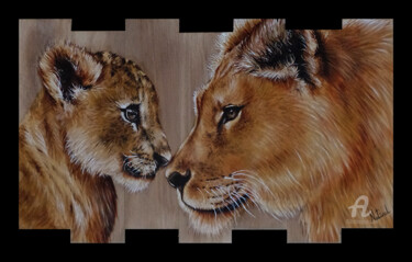 Painting titled "Lionceau et sa maman" by Aurélie Nativel, Original Artwork, Oil Mounted on Wood Panel