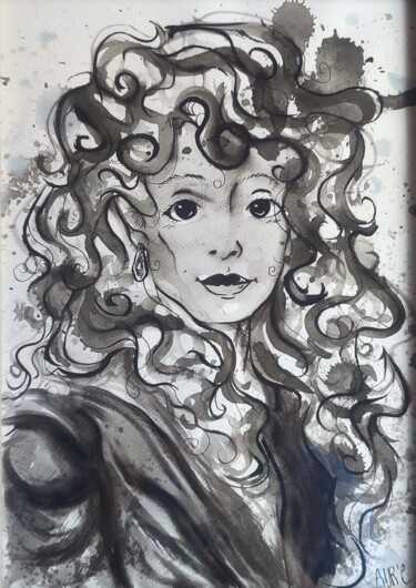 Painting titled "Portrait N & B" by Aurélie Wood, Original Artwork, Gouache