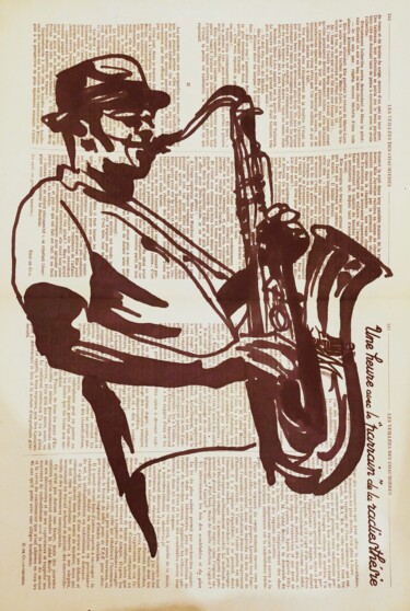 Drawing titled "Saxophoniste" by Aurélie Bourguignon/Art'Nb, Original Artwork, Marker