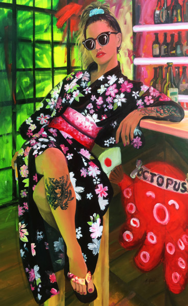 Painting titled "Poulpeuse Geisha" by Aurélie Quentin, Original Artwork, Oil Mounted on Wood Stretcher frame