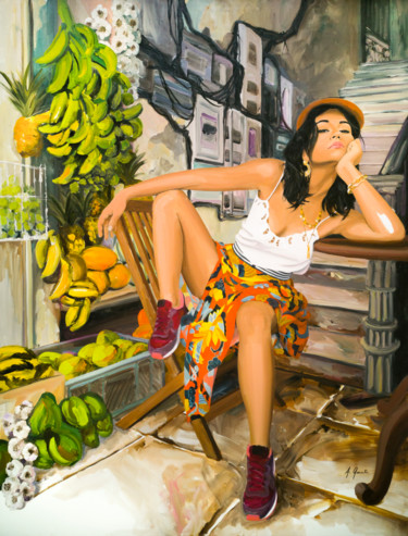 Painting titled "La Cage aux Fruits" by Aurélie Quentin, Original Artwork, Oil Mounted on Wood Stretcher frame