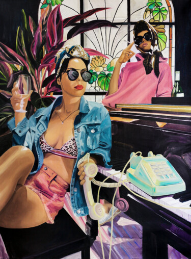 Painting titled "Piano Bar" by Aurélie Quentin, Original Artwork, Oil Mounted on Wood Stretcher frame