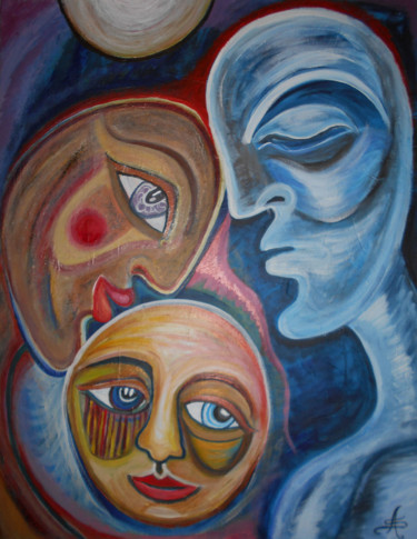 Painting titled "Les Trois Lunes" by Aurélie Sarrazin, Original Artwork, Acrylic