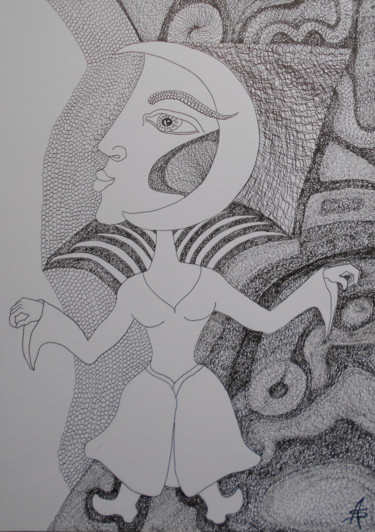 Drawing titled "Danse, petite Lune.…" by Aurélie Sarrazin, Original Artwork, Ink