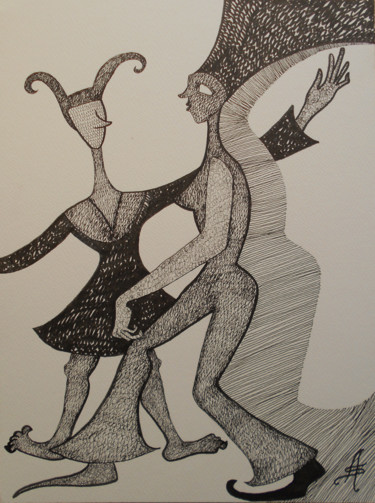 Dessin intitulée "Les Pantomimes" par Aurélie Sarrazin, Œuvre d'art originale, Encre