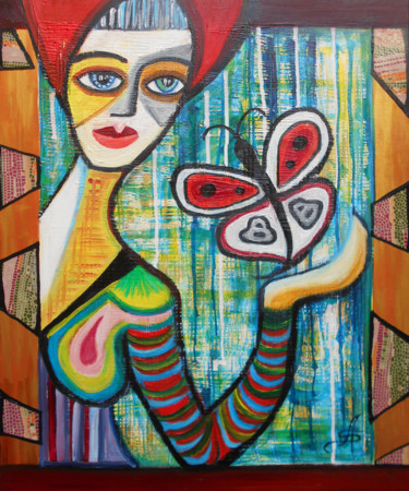 Картина под названием "La Femme au papillon" - Aurélie Sarrazin, Подлинное произведение искусства, Масло