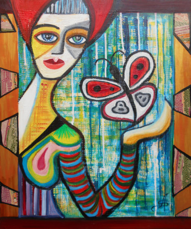 Painting titled "La Femme au papillon" by Aurélie Sarrazin, Original Artwork, Oil